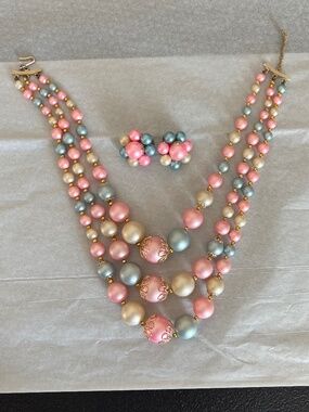Vintage Japan Multi Strand (3) Beaded Necklace & Earring Set Pink & Blue
